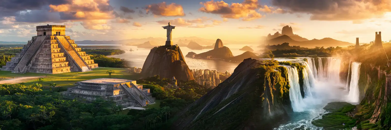 Golden-hour montage of Chichén Itzá pyramid, Christ the Redeemer statue over Rio de Janeiro, Iguazu Falls, and Torres del Paine towers representing Latin America travel