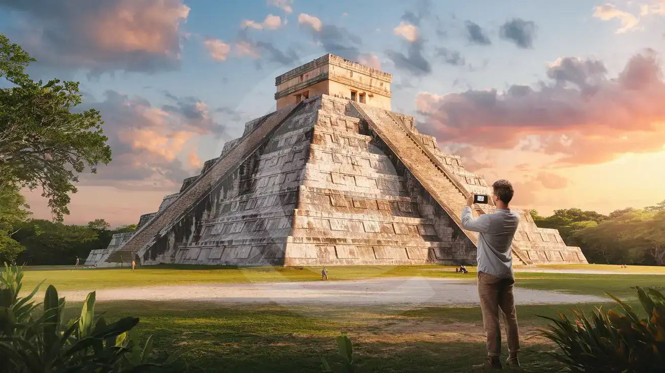 Traveler photographing Chichén Itzá pyramid at golden hour with Yucatán jungle in background