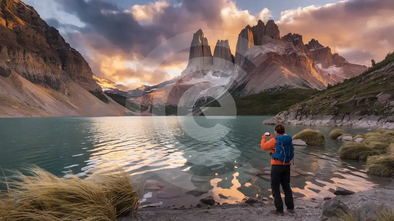 Traveler at Lake Pehoé with Torres del Paine granite towers reflected in water at golden hour