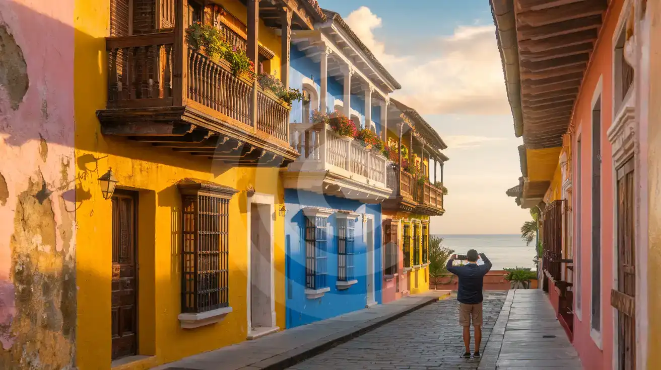 Traveler photographing colorful colonial facades in Cartagena's walled old town at golden hour