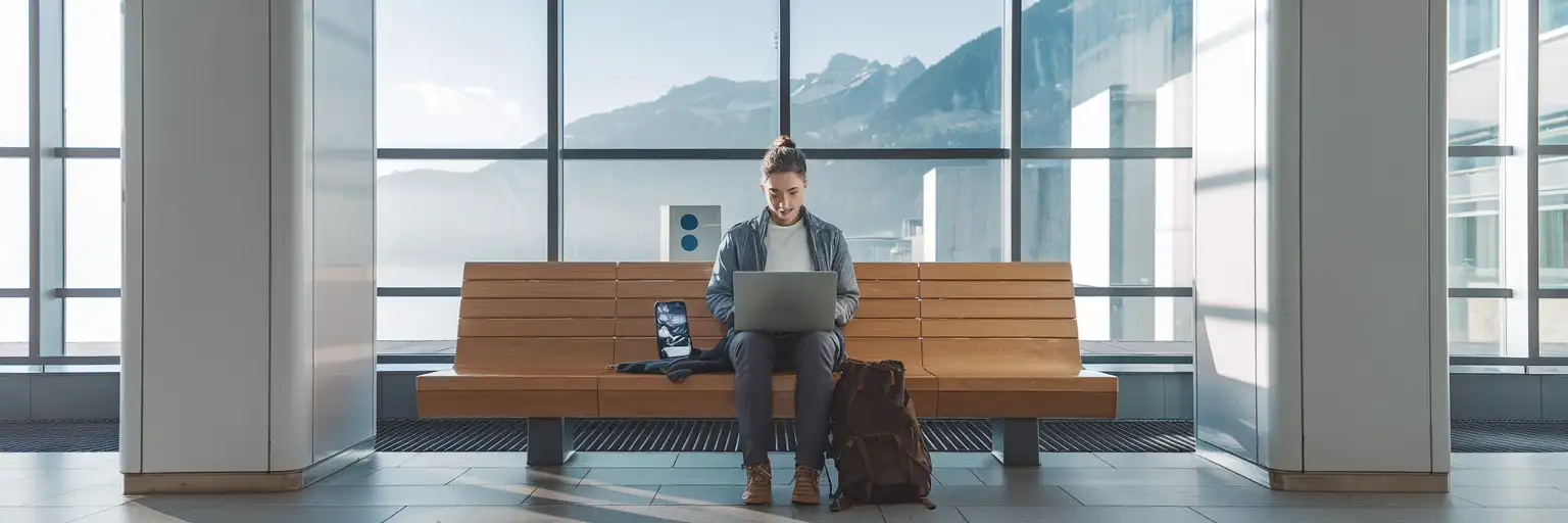 Podróżnik korzystający z laptopa podłączonego do hotspotu telefonu na alpejskiej stacji kolejowej w Liechtensteinie o poranku