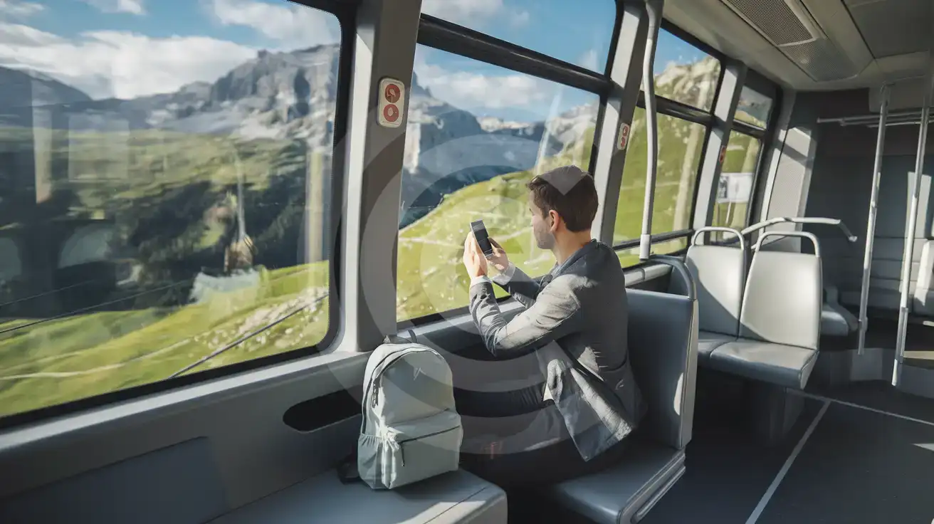 Podróżnik sprawdzający na telefonie trasę w autobusie jadącym przez alpejskie krajobrazy Liechtensteinu