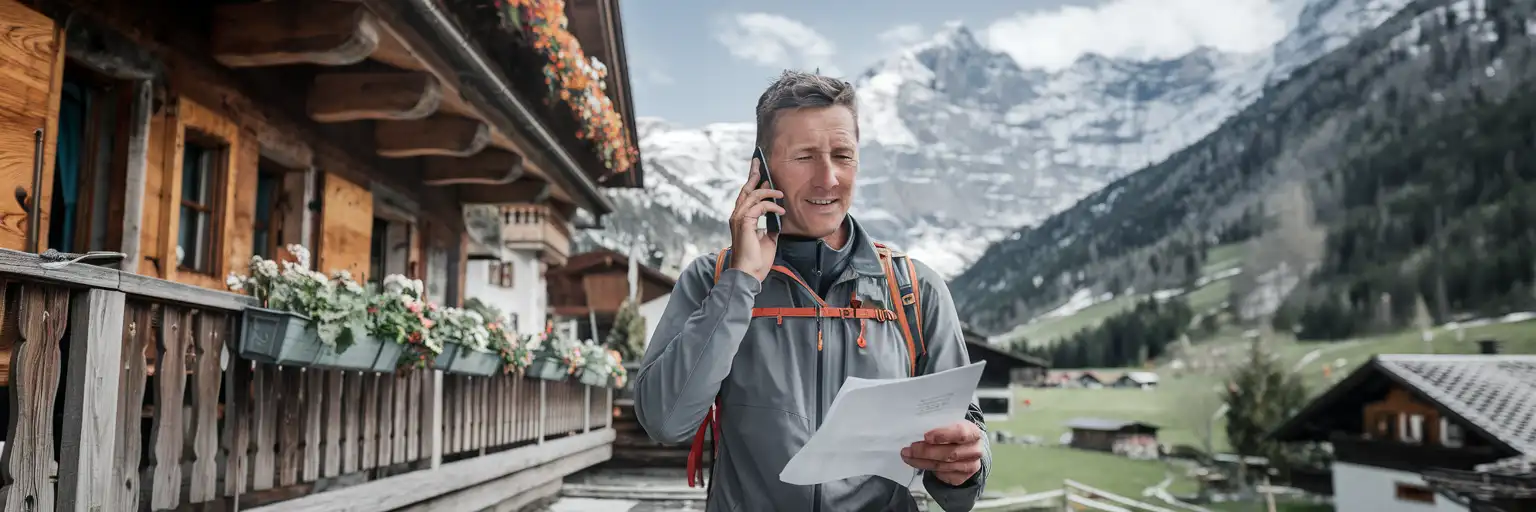 Viajero haciendo una llamada telefónica fuera de un chalet alpino en Liechtenstein con picos montañosos de fondo