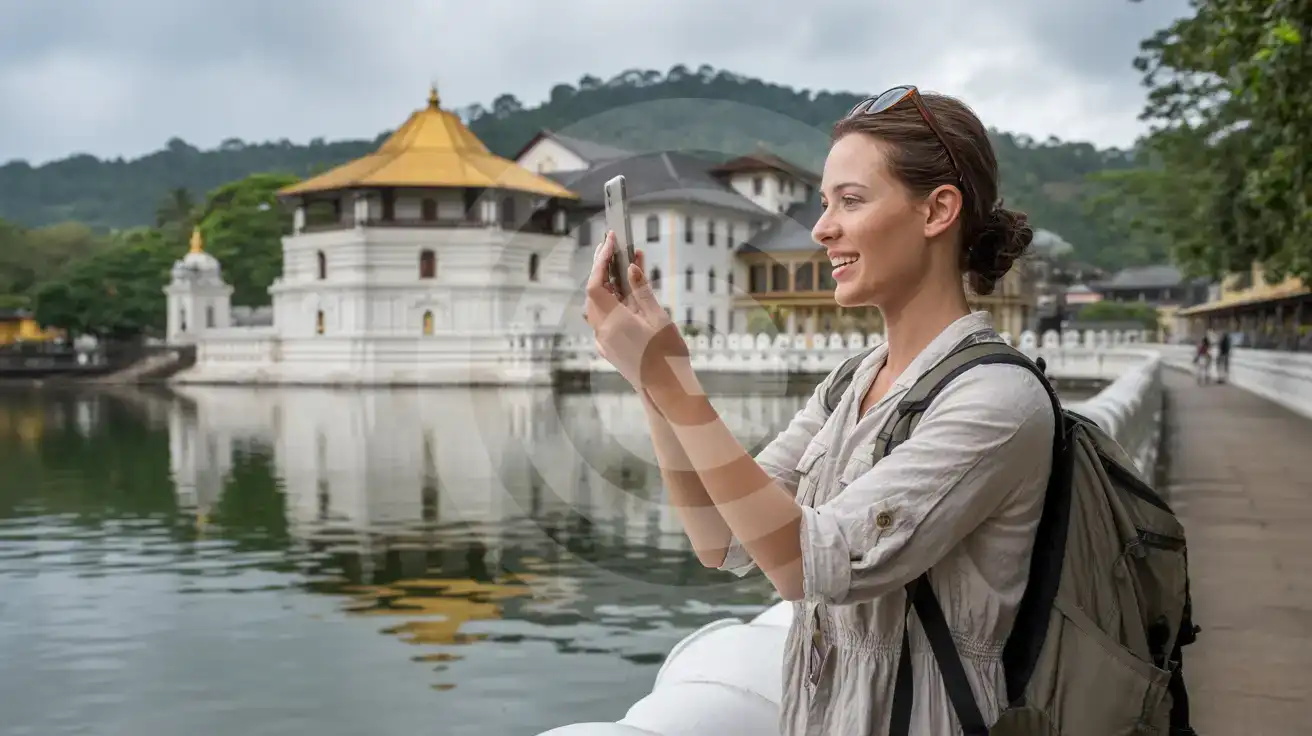 Podróżniczka fotografująca Świątynię Zęba nad jeziorem Kandy na Sri Lance