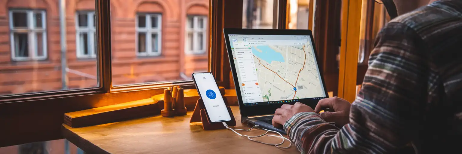 Călător conectând laptopul la smartphone într-o cafenea din Vilnius, cu arhitectura orașului vechi vizibilă prin fereastră