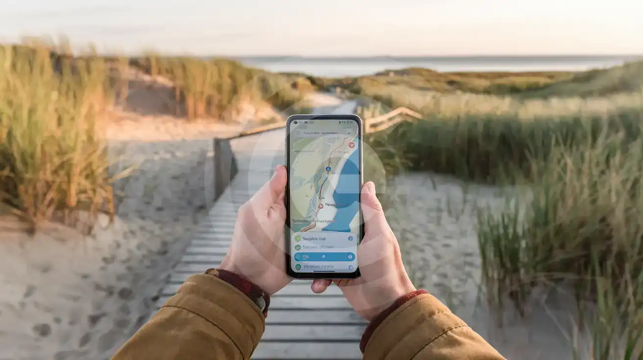 Călător folosind navigația GPS pe smartphone în timp ce se plimbă pe pasarela Istmului Curonian din Lituania
