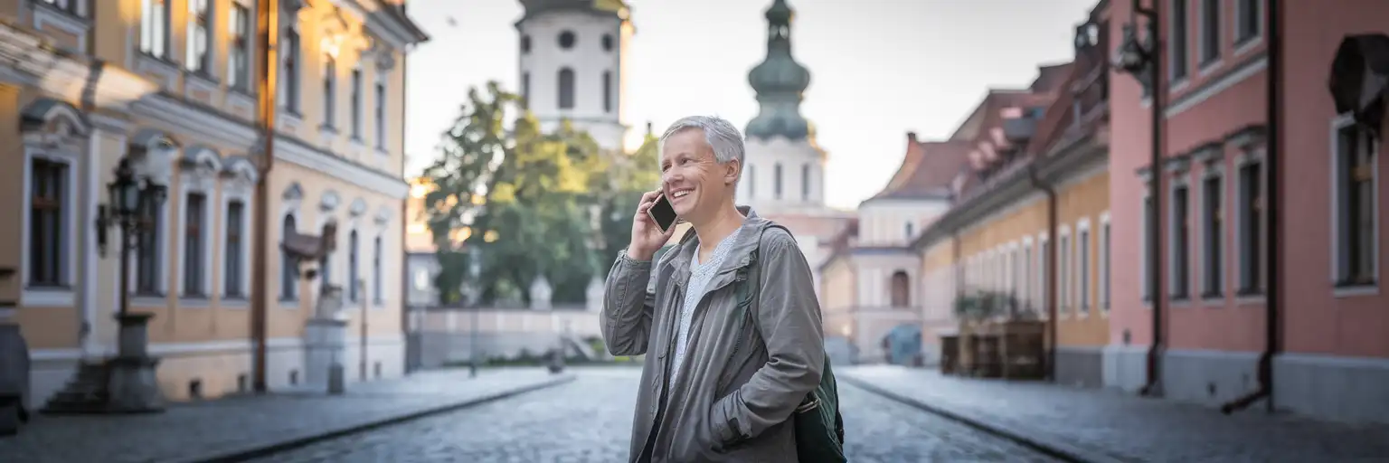 Traveller making a phone call on a cobblestone street in Vilnius Old Town with baroque architecture in golden afternoon light