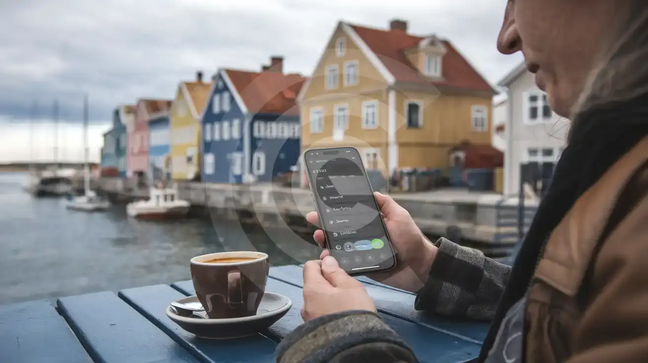 Traveller checking call log at an outdoor café in Klaipėda harbour area