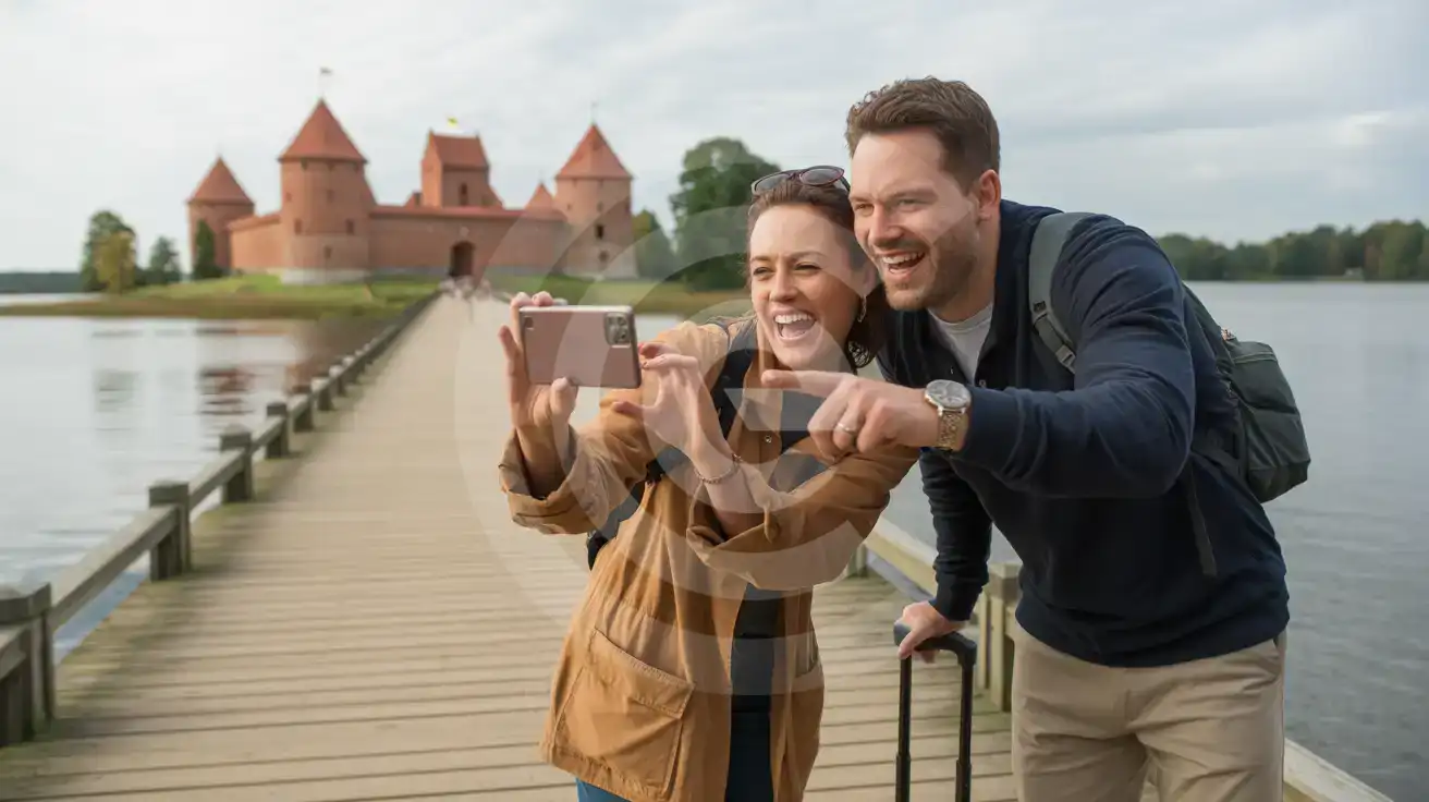 A couple photographing Trakai Island Castle from the wooden footbridge over Lake Galvė in Lithuania