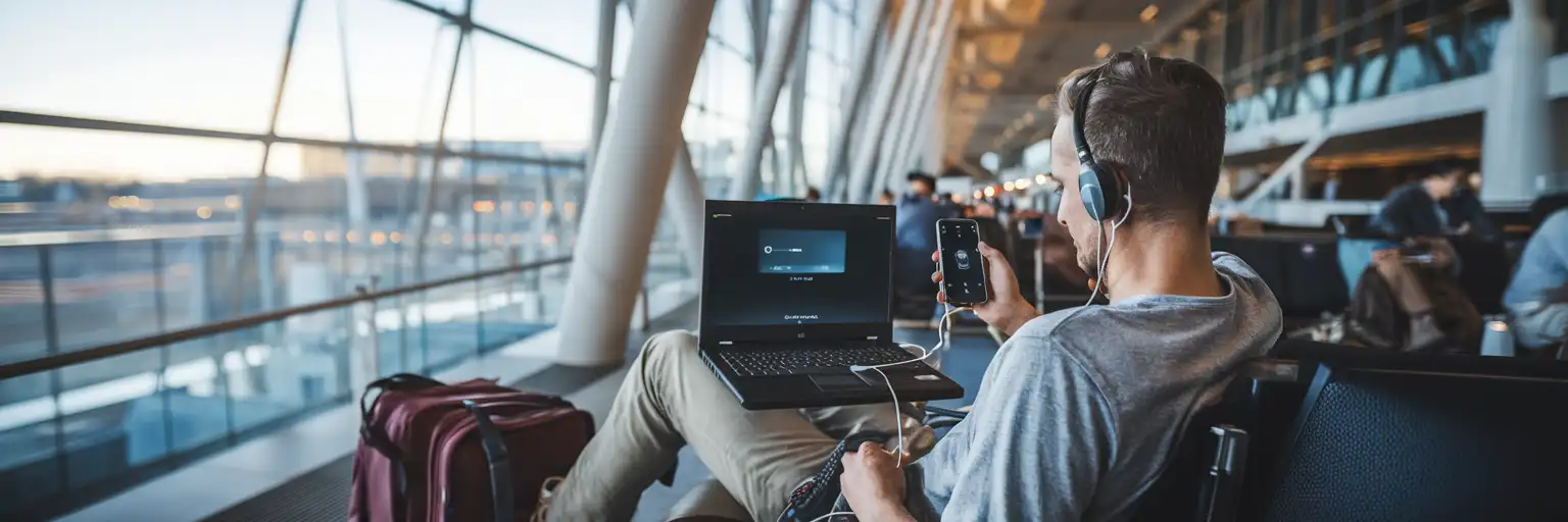 Podróżnik używający telefonu jako hotspotu dla laptopa w hali odlotów na lotnisku w Luksemburgu wczesnym rankiem