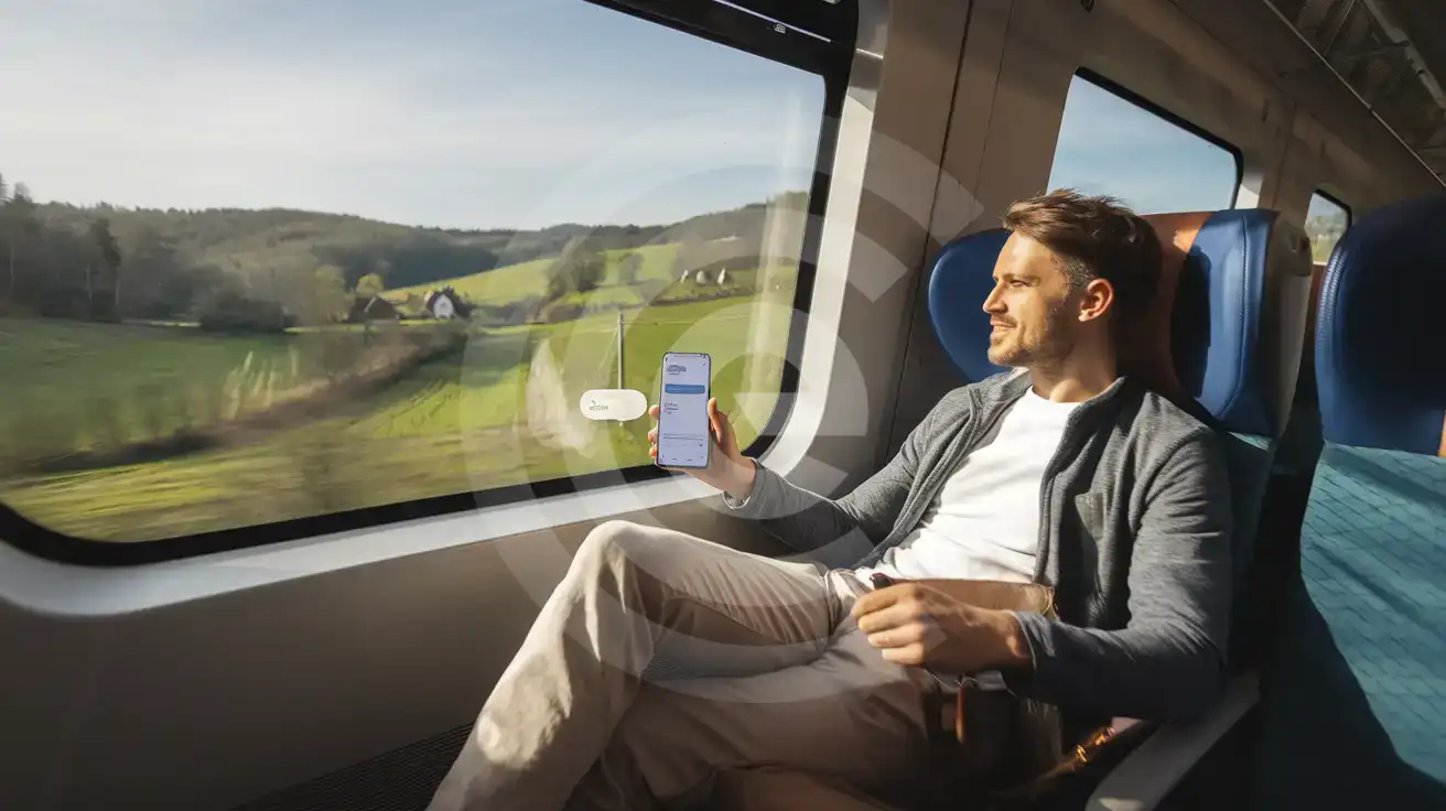 Podróżny piszący wiadomości na telefonie podczas jazdy pociągiem przez luksemburską wieś