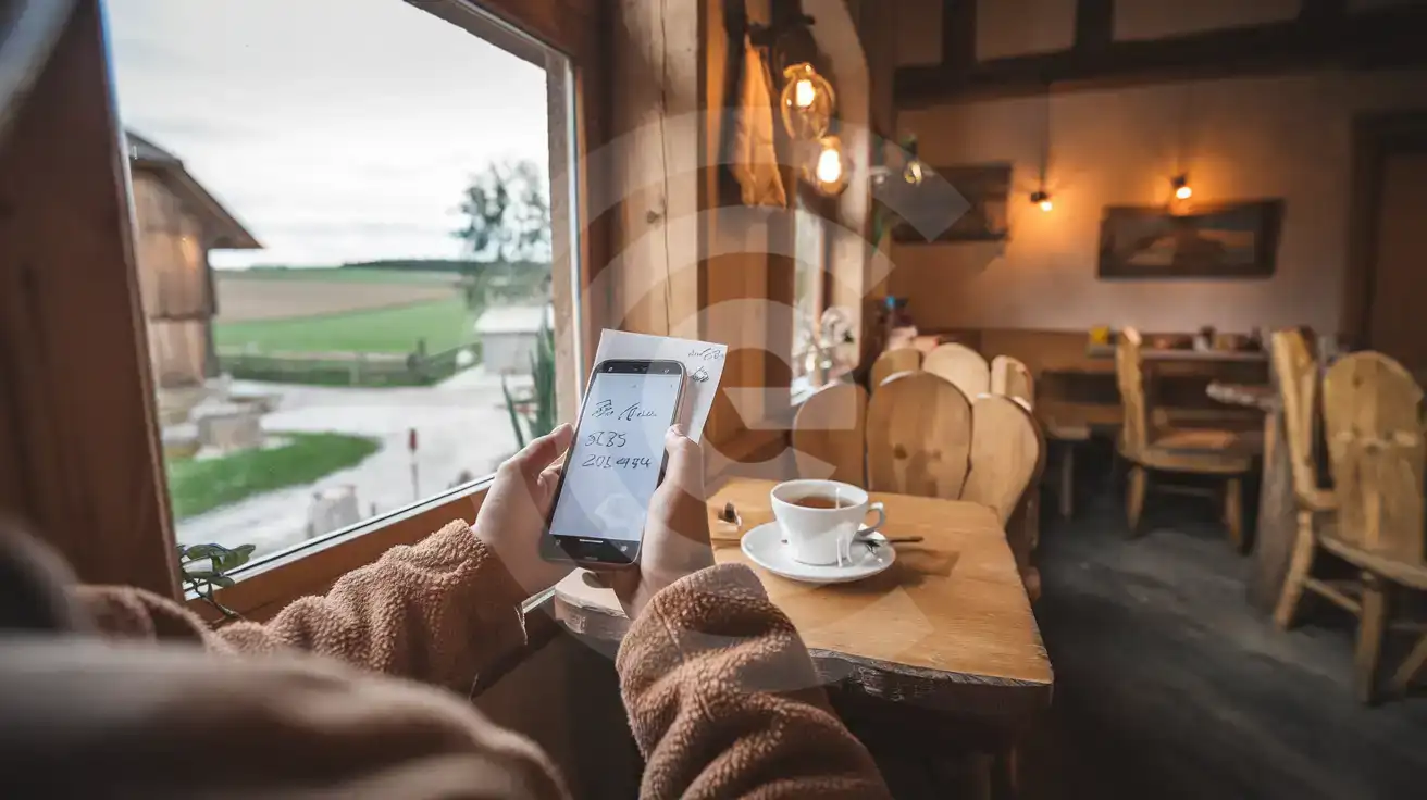 Viajero en una cafetería rural de Letonia revisando un número de teléfono en una nota escrita a mano
