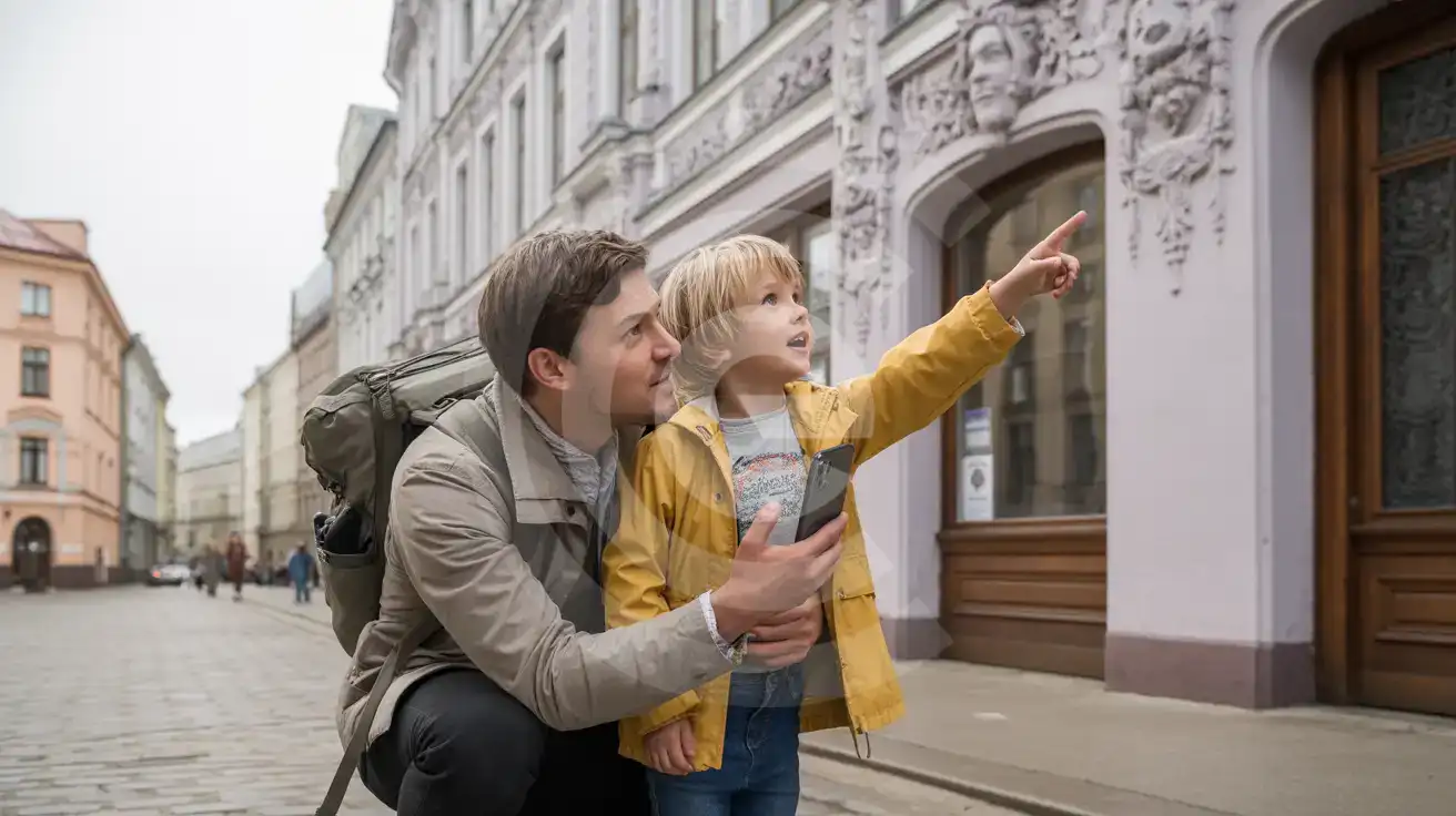 Family exploring ornate Art Nouveau facades on Alberta iela in Riga with smartphone capturing the architectural details