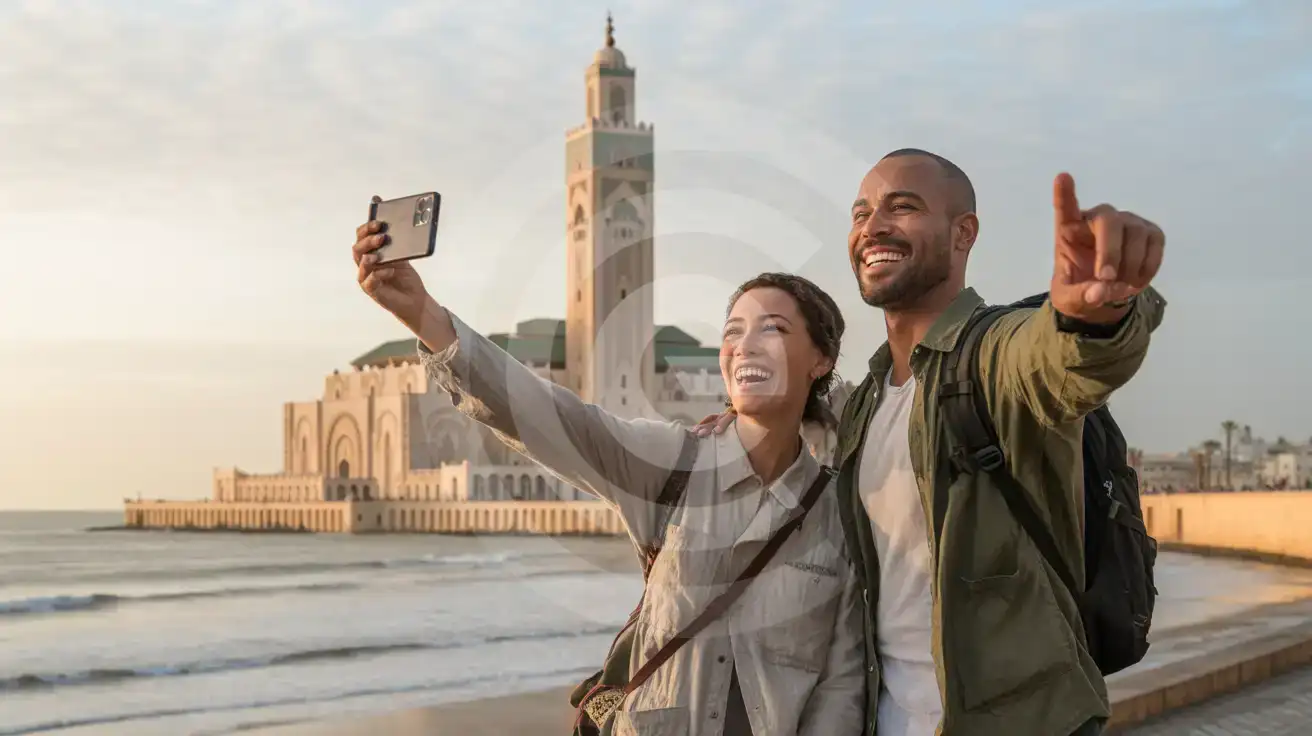 Gemengd koppel fotografeert de Hassan II-moskee vanaf de boulevard aan de oceaan in Casablanca op een bewolkte ochtend
