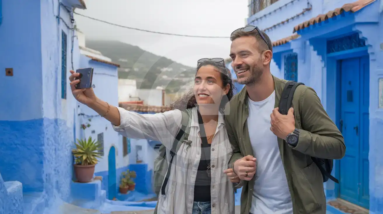 A couple photographing the blue-washed alleyways of Chefchaouen medina in Morocco