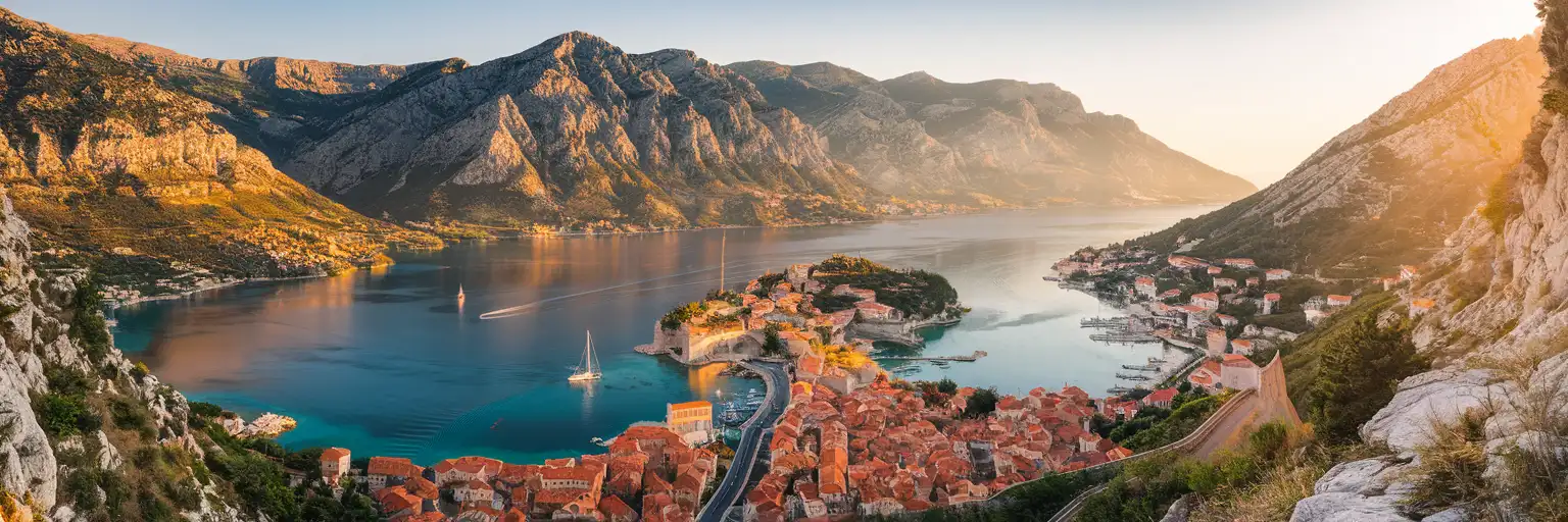Aerial view of the Bay of Kotor in Montenegro with medieval town, Adriatic waters, and Dinaric Alps at golden hour