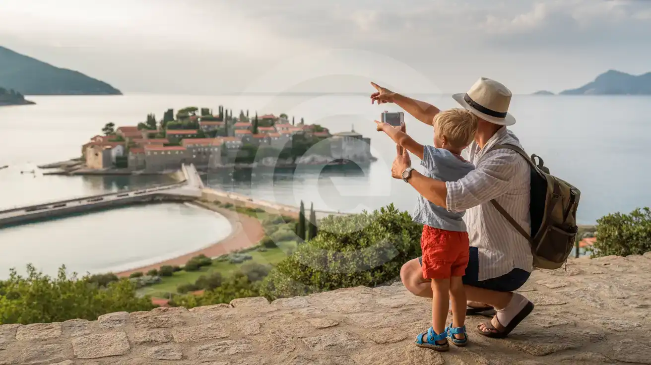 Family with child viewing Sveti Stefan island from a coastal terrace in Montenegro on a soft overcast afternoon