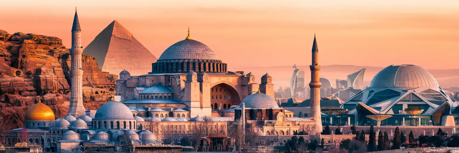 Golden-hour montage of Hagia Sophia in Istanbul, the Great Pyramid and Sphinx of Giza, Petra Treasury, and Museum of Islamic Art in Doha