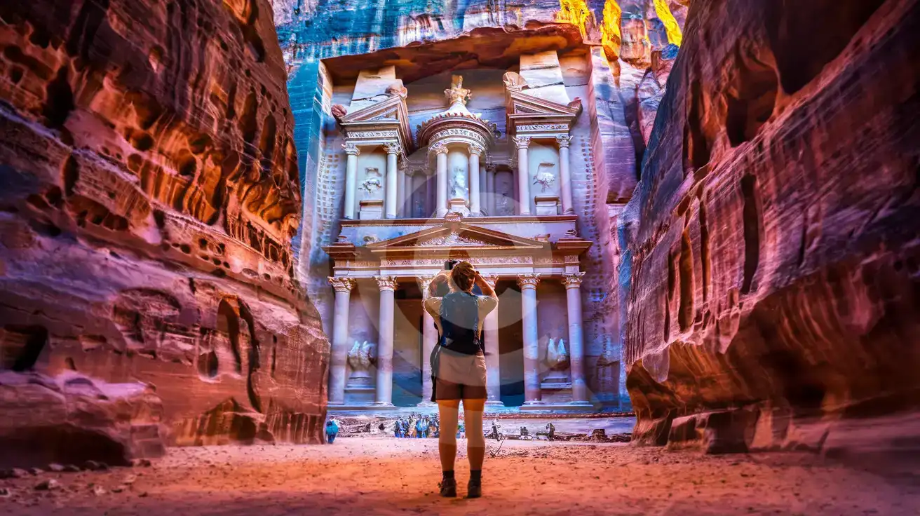 Traveler photographing the Treasury of Petra through the Siq canyon at golden hour in Jordan