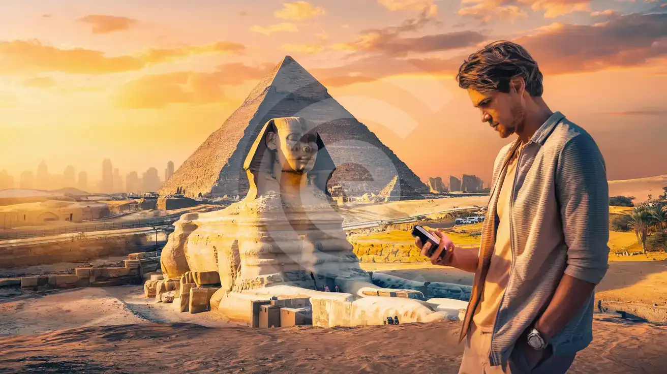 Traveler checking smartphone near the Great Pyramid and Sphinx at golden hour in Egypt