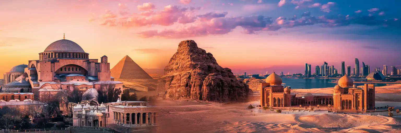 Golden-hour montage of Hagia Sophia in Istanbul, Great Pyramid of Giza, Treasury of Petra, and Museum of Islamic Art in Doha