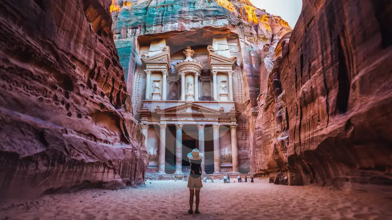 Traveler photographing the Treasury of Petra through the Siq canyon at golden hour in Jordan