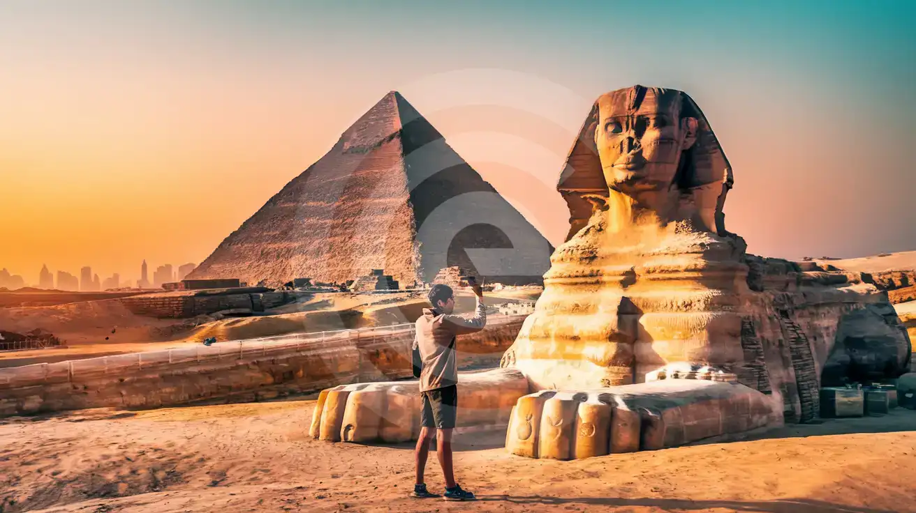 Traveler viewing smartphone near the Great Sphinx with the Great Pyramid of Giza at golden hour in Egypt