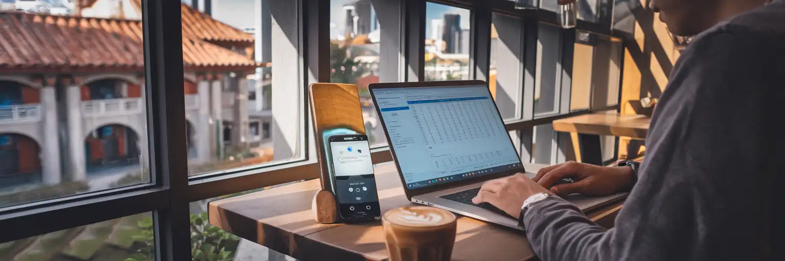 Remote worker tethering a laptop from a smartphone hotspot in a Macao café with Portuguese-colonial architecture visible through the windows