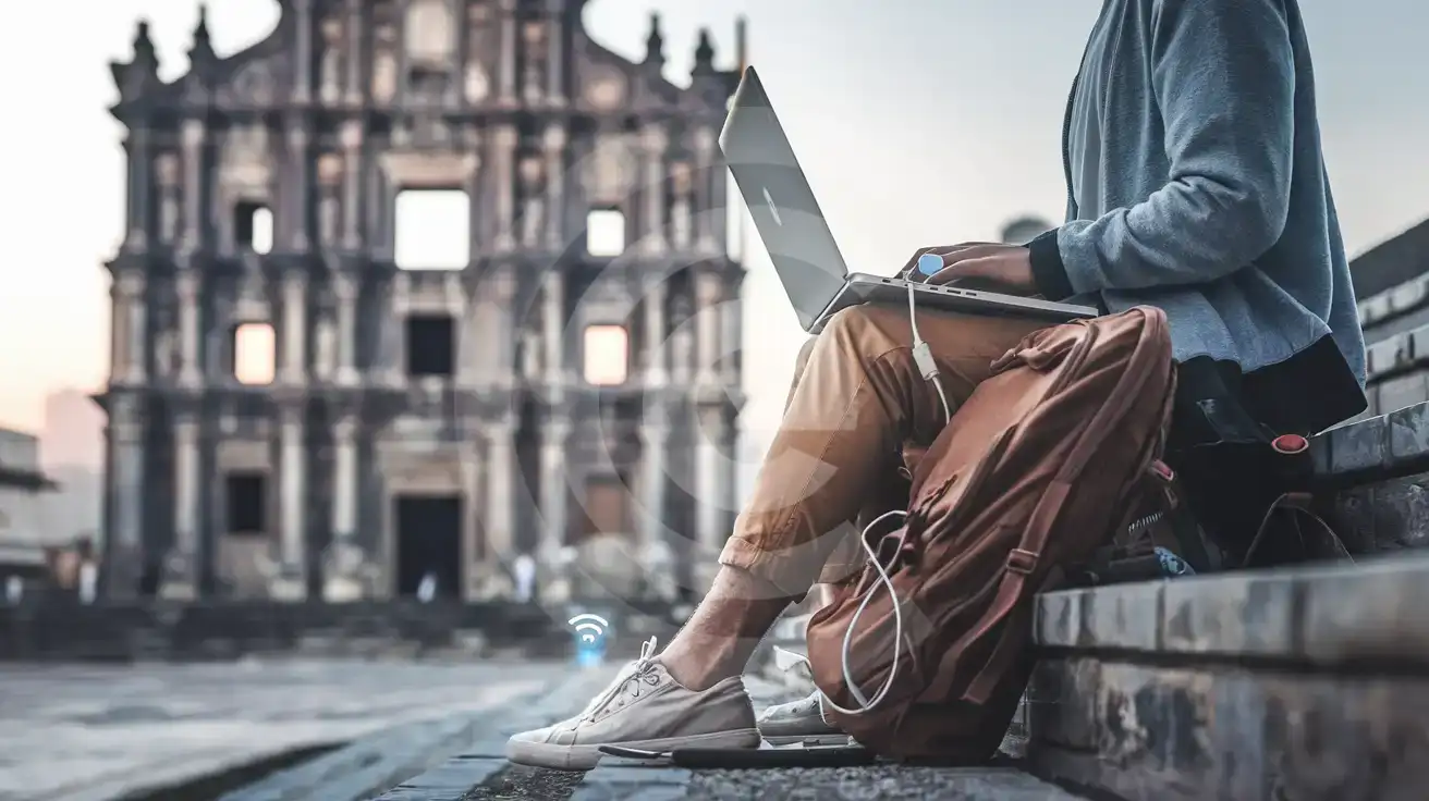 Traveller working on a laptop while tethering from a phone hotspot near historic Macao architecture