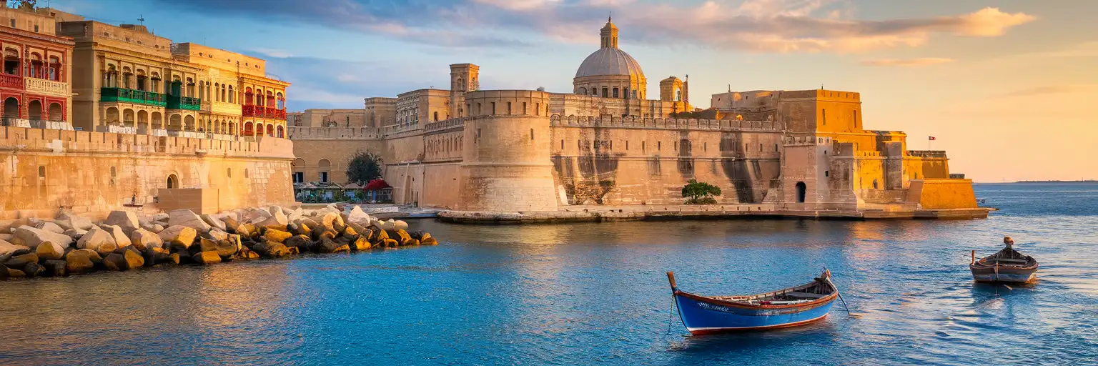 Valletta's fortified Grand Harbour waterfront with traditional Maltese balconies and limestone bastions at golden hour