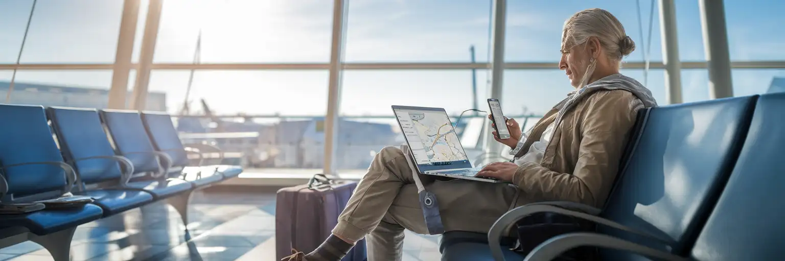 Călător folosind laptopul conectat la telefon într-un terminal luminos din aeroportul din Malta în timpul unei zile lungi de tranzit