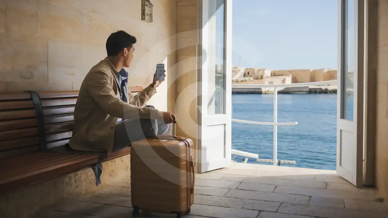Călător verificând telefonul în terminalul de feribot din Malta în timp ce așteaptă transportul