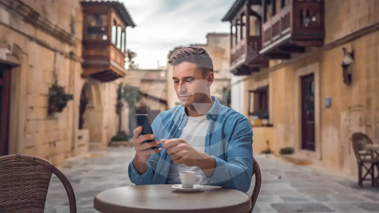 Traveller checking incoming call at a village café in Malta
