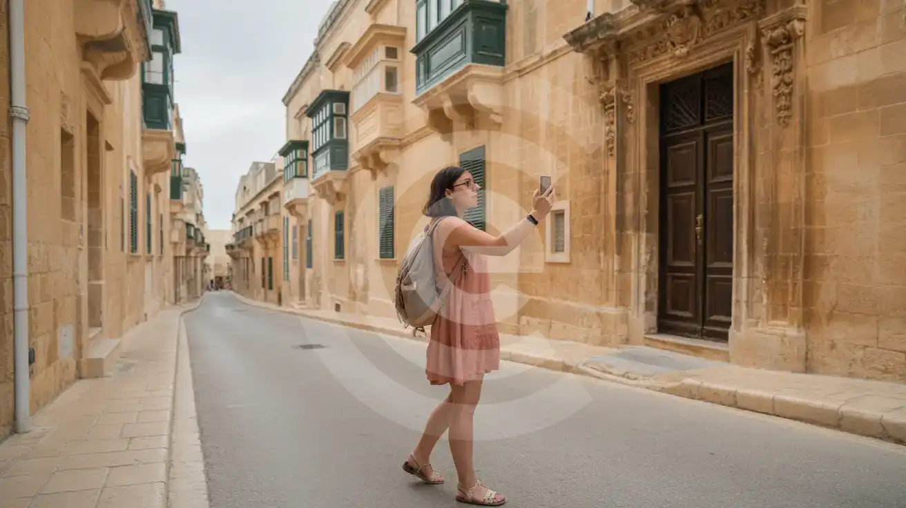 Solo female traveler photographing a Baroque palazzo doorway in the ancient walled streets of Mdina, Malta
