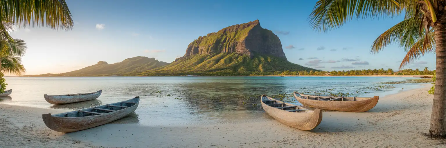 Montanha Le Morne Brabant emergindo de uma lagoa turquesa com barcos tradicionais em uma praia de areia branca em Maurício ao entardecer