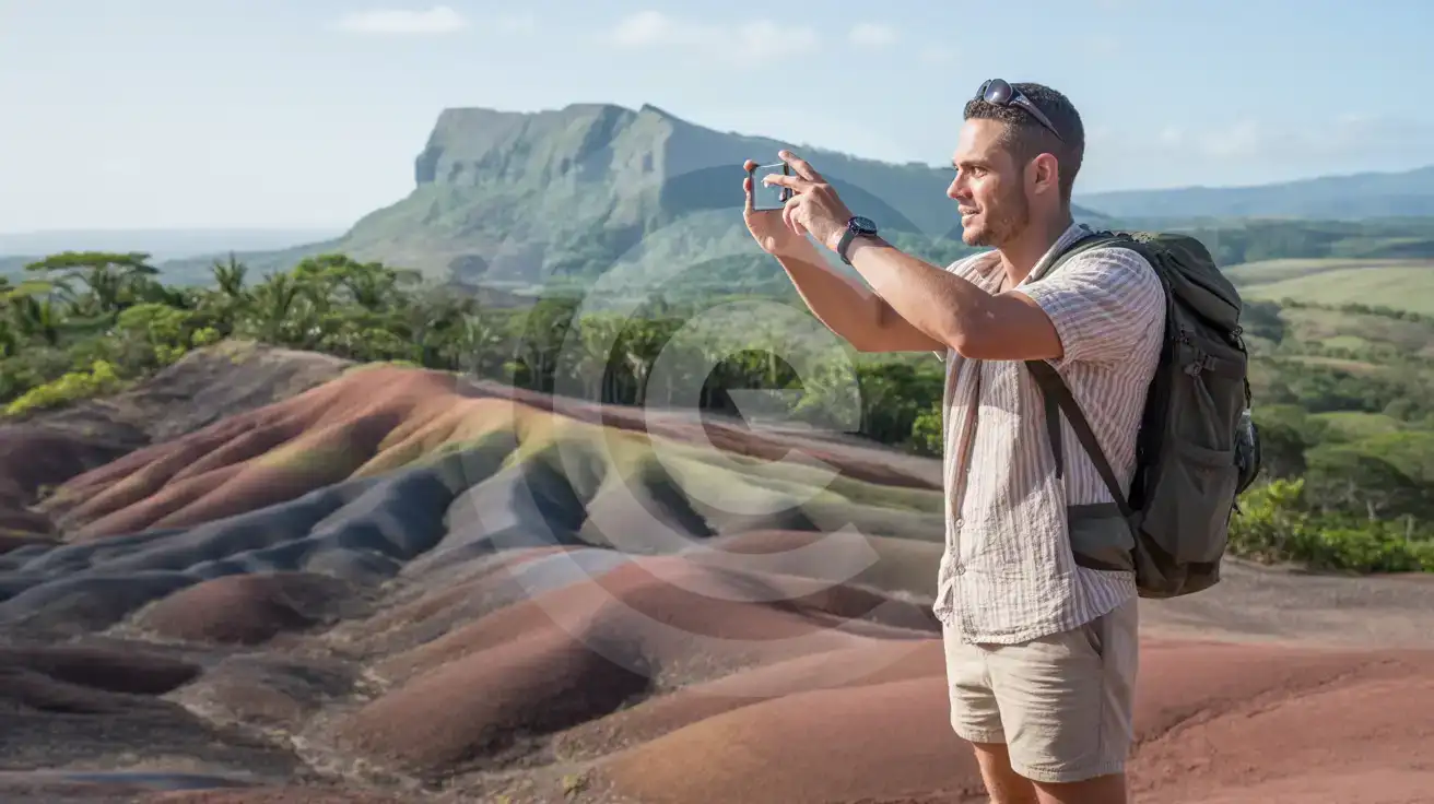 Viajante solo fotografando a formação de Terra das Sete Cores de Chamarel nas terras altas de Maurício ao meio-dia