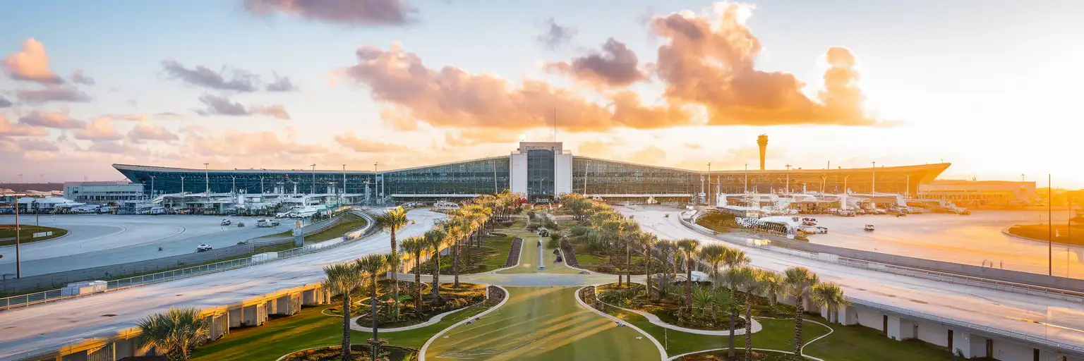 Exterior view of Cancún International Airport in Cancun, Mexico at golden hour