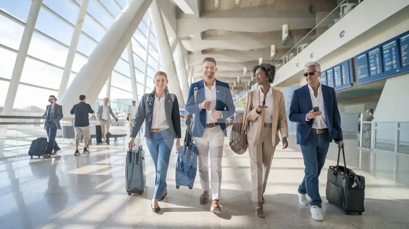 Business travelers walking through the interior concourse at Cancún International Airport in Cancun, Mexico