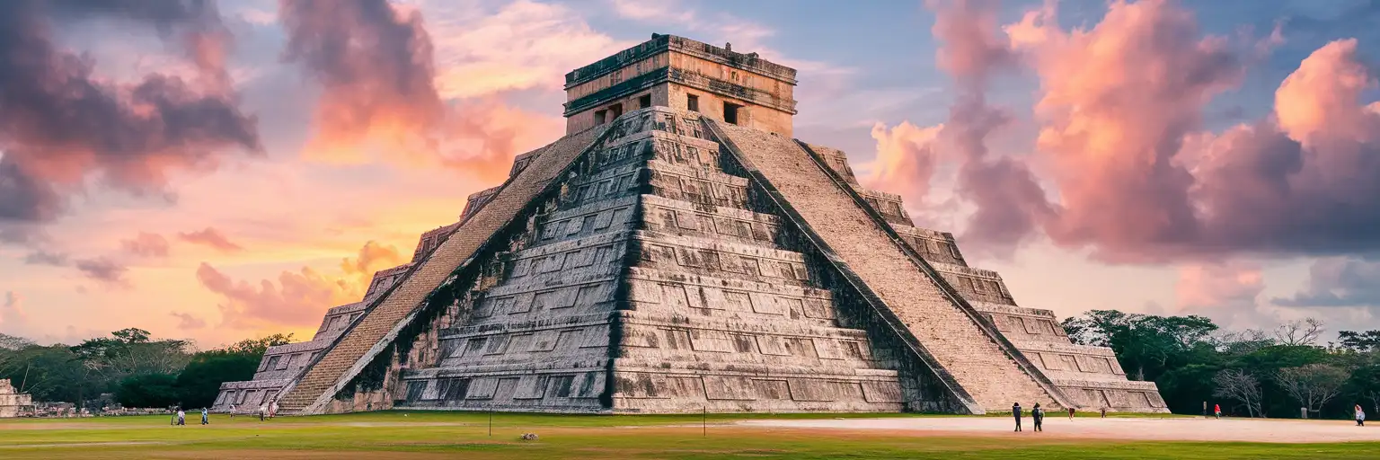 El Castillo pyramid at Chichén Itzá archaeological site during golden hour with dramatic sky