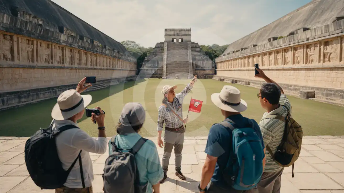 Guided tour group with phones raised recording inside the Great Ball Court at Chichén Itzá archaeological site