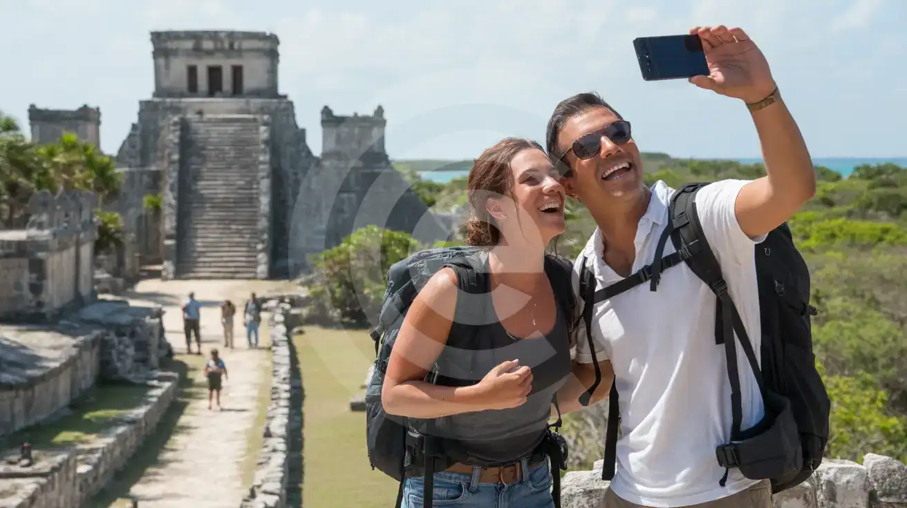 A couple with a smartphone on the stone paths near the Temple of the Frescoes at Tulum Archaeological Zone
