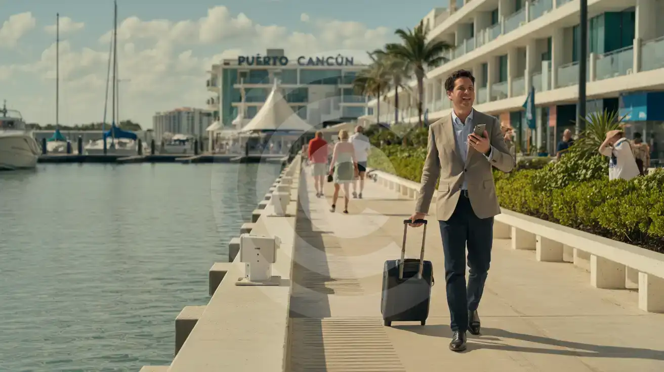 Business traveler walking through the Puerto Cancún marina promenade with carry-on luggage