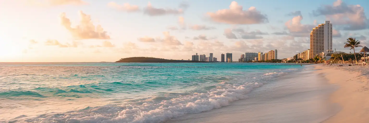 Playa Delfines beach in Cancun with turquoise Caribbean waters and Hotel Zone resorts at golden hour