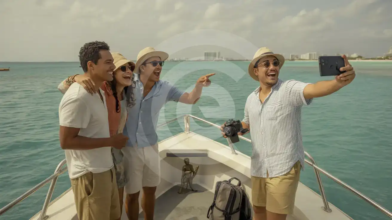 Friends filming the Cancun Underwater Museum sculptures from a glass-bottom boat on the Caribbean Sea