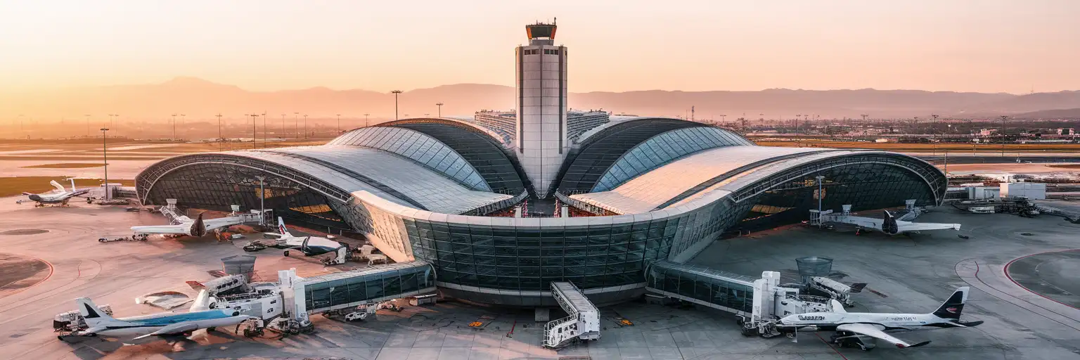 Terminal 2 curved glass facade at Mexico City International Airport with control tower and aircraft at golden hour