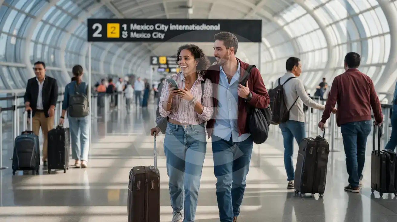 Mixed couple walking through Terminal 2 concourse at Mexico City International Airport with smartphone in hand