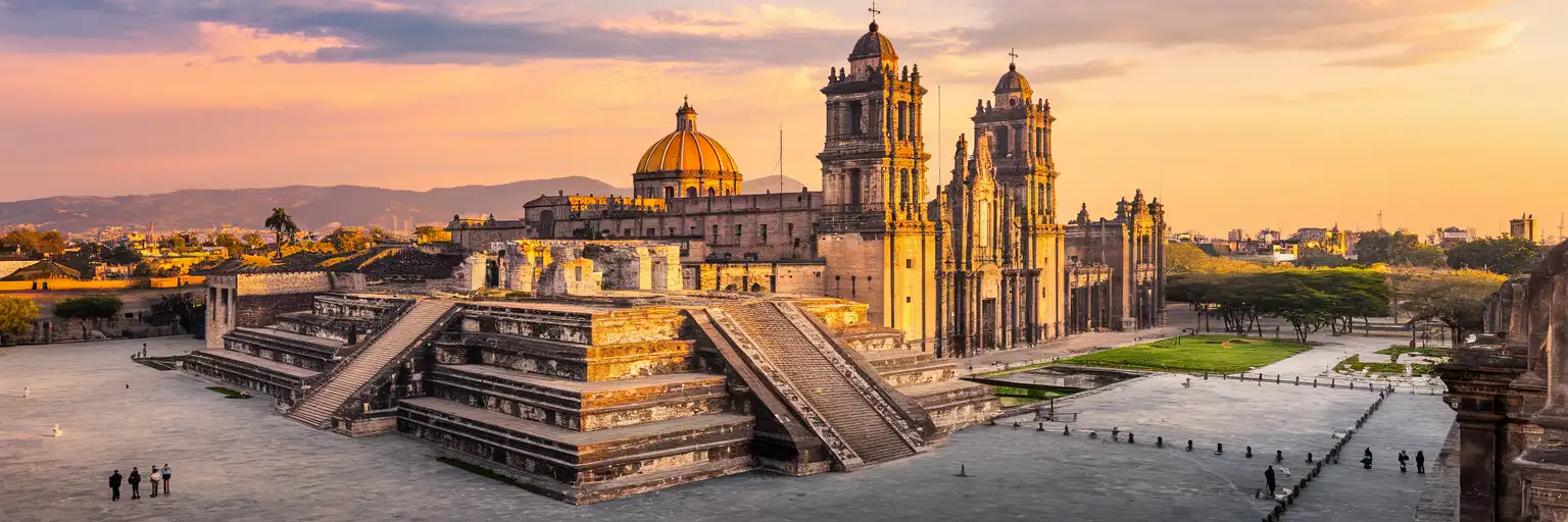 Exterior view of Templo Mayor Museum and archaeological ruins in Mexico City at golden hour
