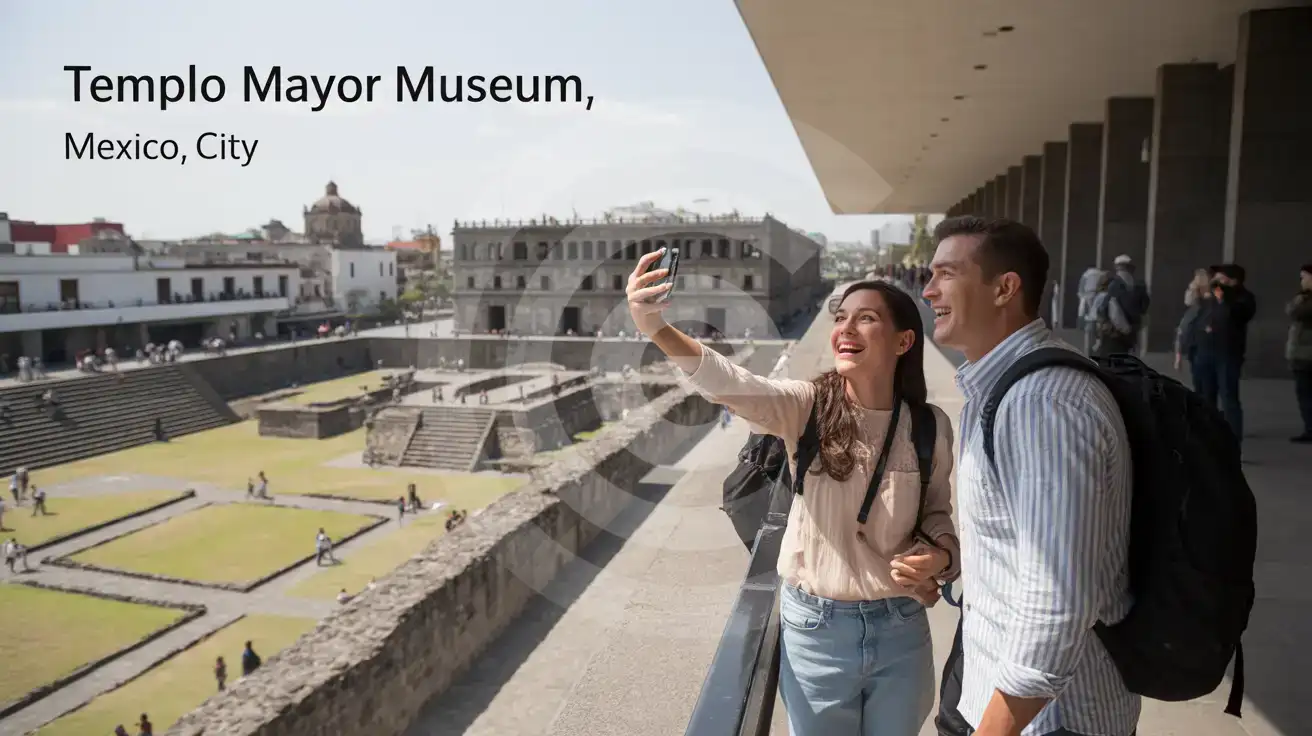 Couple on the walkway inside the Templo Mayor archaeological zone in Mexico City