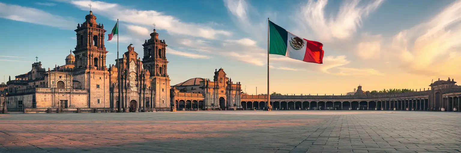 Wide view of the Zócalo plaza in Mexico City at golden hour with the Metropolitan Cathedral and massive Mexican flag visible