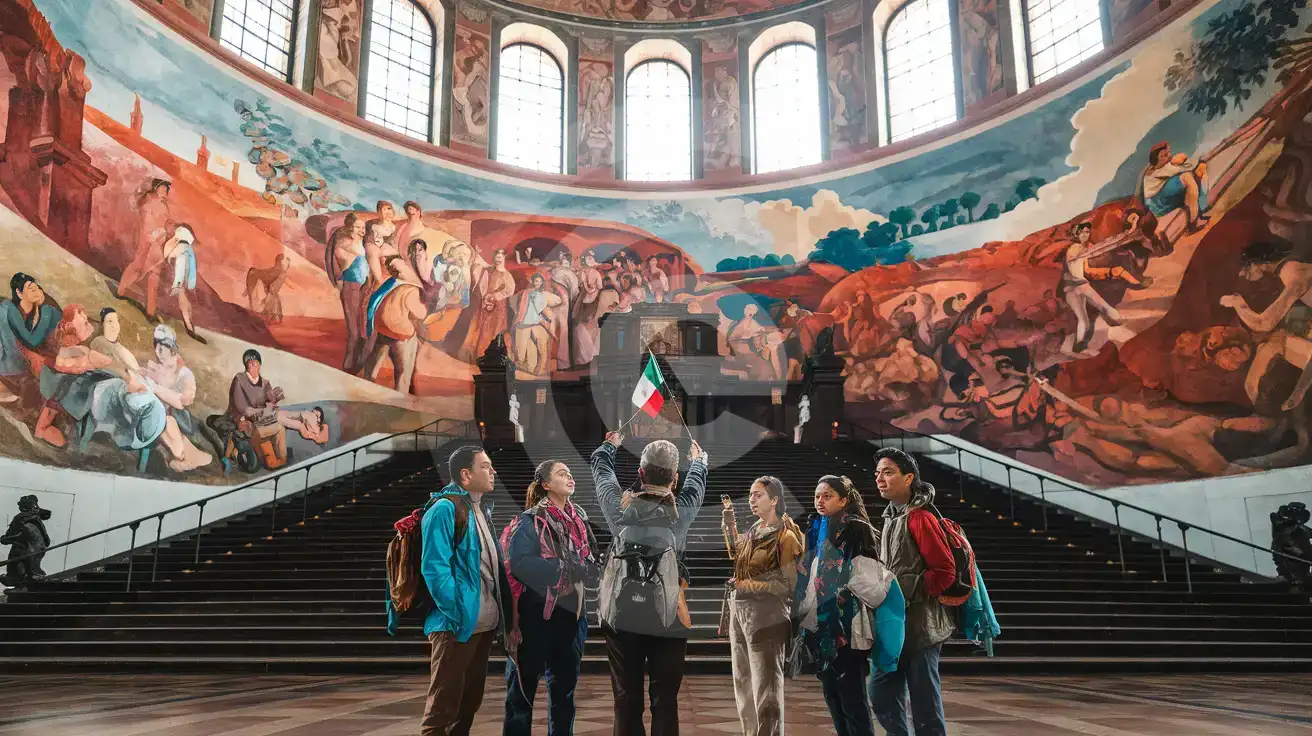 Tour group photographing Diego Rivera murals inside Palacio Nacional at the Zócalo in Mexico City